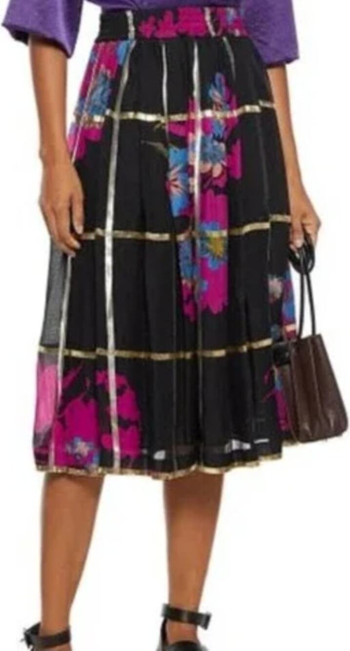 Etro 100% Silk Midi Skirt Gathered Metallic Floral-Print Black 44 8 Medium